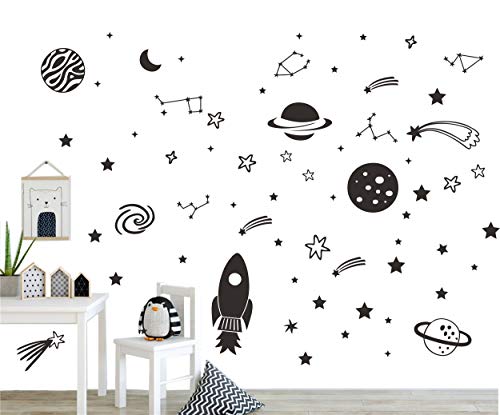 Space Star Растение Стикер На Стената на Винилови Стикери с Космонавт Декор за Детска стая и Подарък за Деца Момче Момиче Спалня Артистична Декорация на Дома, Стенопис Интериорен Дизайн YMX50 (черен)