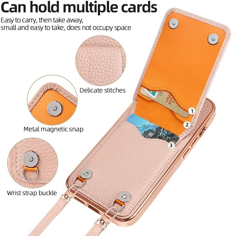 Защитен калъф за вашия телефон, калъф-джобен формат, Съвместим с iPhone 14, Висококачествена кожа + Галванична рамка, Защитен калъф с магнитна гърба с отделения за карти + каишка, Съвместима с женски мек калъф (цвят: