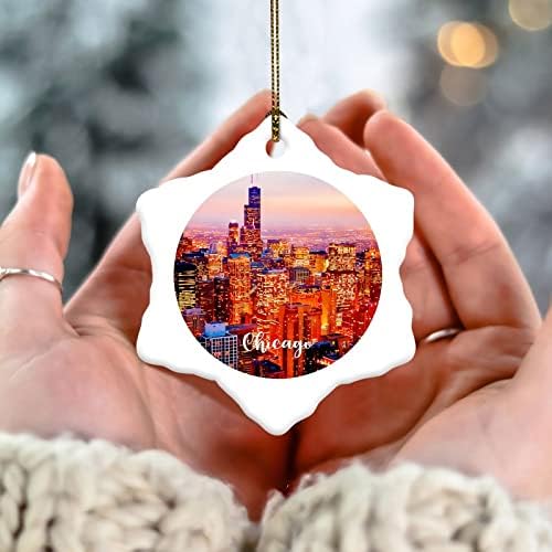 Шестиугольное Украса Чикаго - Коледна украса на града САЩ - Пейзаж сграда Чикаго Керамични Бижута Сувенир за спомен за Коледа и Нова година