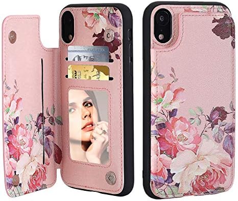 Калъф Crosspace, съвместим с iPhone Xs Max, една Чанта-портфейл за жени и момичета с държач за карти и Специален дизайн, Портфейли Премиум-клас изкуствена кожа с панти капак-Розови цветя