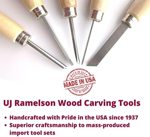 Дървообработващи инструменти UJ Ramelson | Набор от инструменти за мини струг от 5 теми | Остри, като бръснач, Инструменти за обработка на дърво, направени в САЩ | Включва Здрава Кожена ролка с 5 джоба