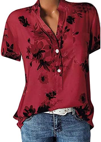 SNKSDGM Дамски Ризи с копчета и Къс ръкав, Бизнес Ежедневни Блузи С V-образно деколте, Удобни Сладки Тениски, Ризи Плюс Размер