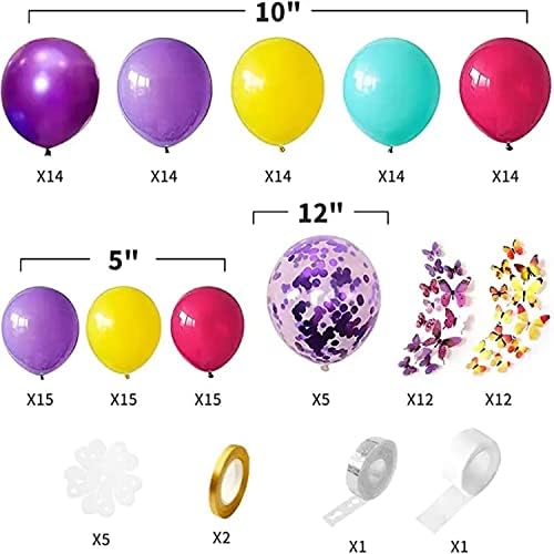 154 бр. Магически балони за партита, включват 3d стикери пеперуди, лилав металик, сини от Тифани, лилаво, розово-червени и жълти балони за церемонията Душата на дете, украси за сватба, рожден Ден