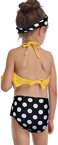 Комплект на бански костюм-бикини за малки момичета, Плажно облекло-Бикини с къдри и цветисти принтом, Бански костюм-двойка за малки момичета (жълто, 5-6 години)