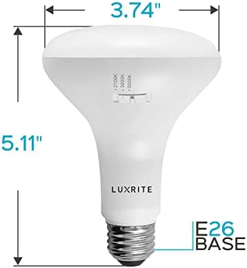 LUXRITE 12-Опаковъчна led лампа BR30, еквивалент на 65 W, 3 цвята 2700 K |3000 До | 5000 К, С регулируема яркост 850 Лумена, led прожектори, 10 W, Предназначени за влажност на въздуха, Вътре / вън - Хол, Кухня и Вградени