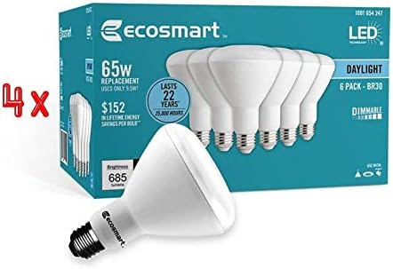 Лампа EcoSmart LED Daylight BR30 с регулируема яркост на светлината, Замяна на 65 W, 9,5 W, 685 Лумена - От 5000 До - За помещения / на открито (24 бр. в опаковка)