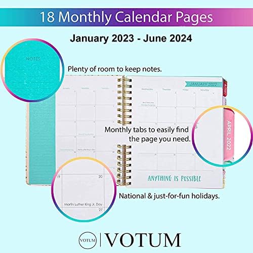 Голям дневник Votum на 18 месеца, 2023-2024, Ежедневно, Седмично и месечно, януари-юни, Продължавайте да гледате напред - Записная е книга с 3 Листа Стикери, Подвързване с две кръгчета, Страници за бележки - Училищен