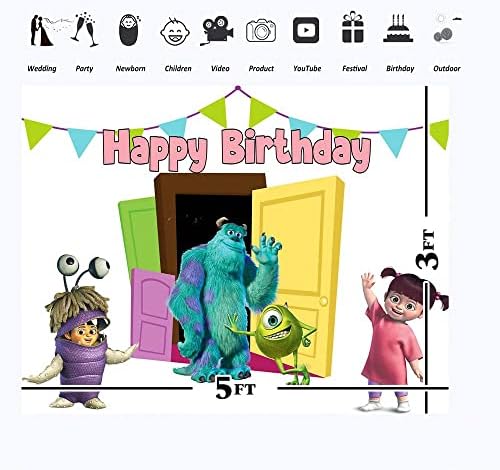 Розов Фон Happy Birthday Monster Inc 5x3ft Monsters Inc Boo Door Background 1st Birthday за Момичета Банер Винил за Парти в чест на рождения Ден на Monster Inc
