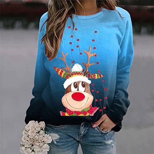 BADHUB/ Женски Свитшоты с Коледен Елен, Блузи с дълги ръкави с Градиентным Графичен принтом, Ежедневни Ризи с кръгло деколте и цветен Блок