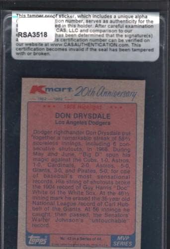 1982 K-mart Картичка с автограф на Дон Драйсдейла Cas Удостоверяване Rsa3518 - Бейзболни картички MLB С автограф